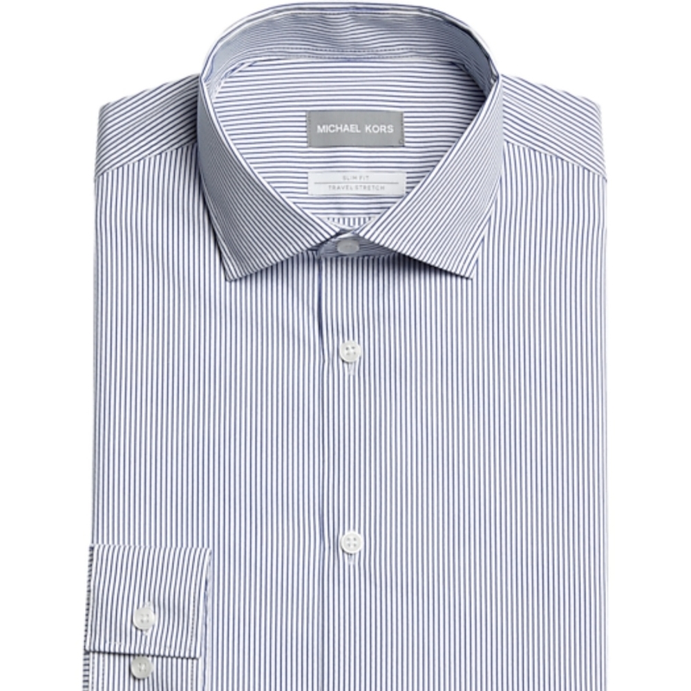 Michael Kors Traveler Stretch Dress Shirt Neck 16 L32/33 White & Blue Stripe NWT